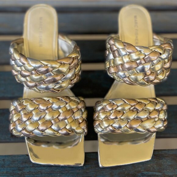 Marc Fisher Toree Women’s Braided Metallic Heeled Sandals 9.5 Silver Square Toe - Picture 7 of 10